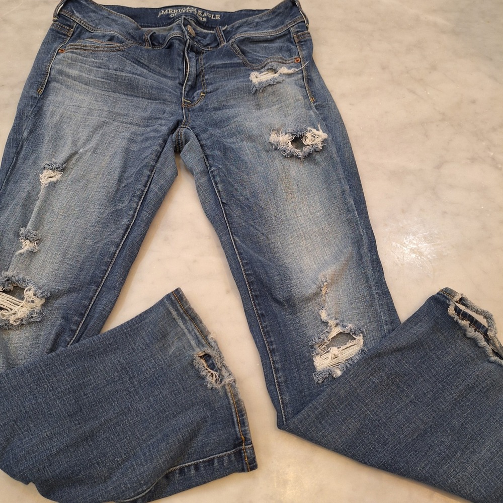American Eagle Kick Boot Jeans Wom 12 Short‎ Blue Distressed Super Stretch AS IS